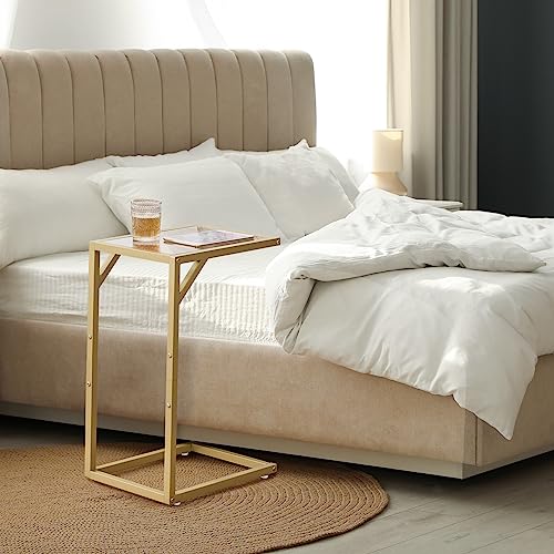 Homhedy C Shaped End Table,Tempered Glass with Metal Frame, Small Side Tables for Living Room, Bedroom, TV Tray Table for Small Space, Modern Style, Golden