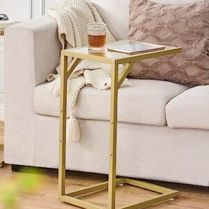 Homhedy C Shaped End Table,Tempered Glass with Metal Frame, Small Side Tables for Living Room, Bedroom, TV Tray Table for Small Space, Modern Style, Golden