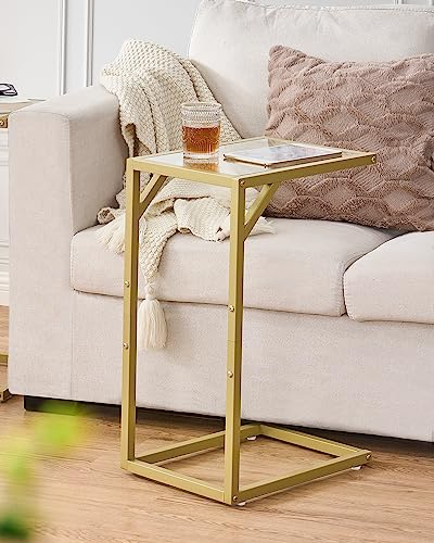 Homhedy C Shaped End Table,Tempered Glass with Metal Frame, Small Side Tables for Living Room, Bedroom, TV Tray Table for Small Space, Modern Style, Golden