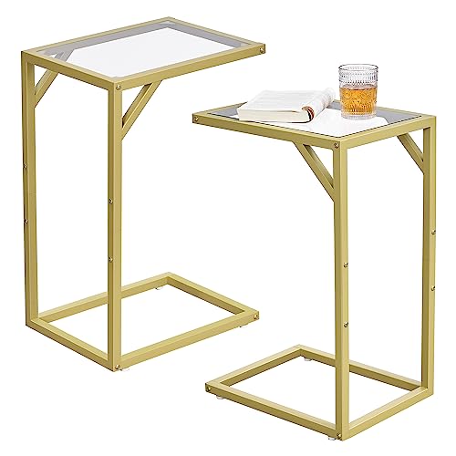 Homhedy C Shaped End Table Set of 2,Tempered Glass with Metal Frame, Small Side Tables for Living Room, Bedroom, TV Tray Table for Small Space, Modern Style, Golden