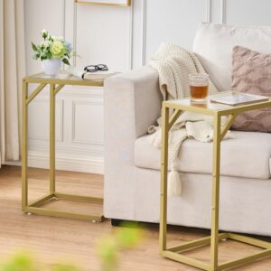 Homhedy C Shaped End Table Set of 2,Tempered Glass with Metal Frame, Small Side Tables for Living Room, Bedroom, TV Tray Table for Small Space, Modern Style, Golden