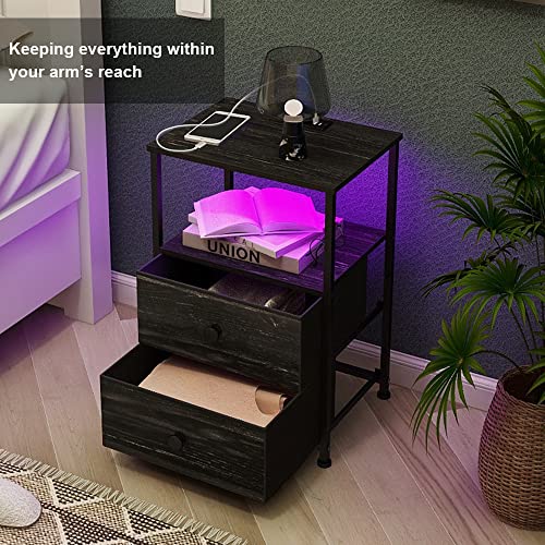 Tohomeor End Tables with Charging Station LED Light Nightstand Bedroom Bed Side Dresser with Fabric Drawers Open Storage Shelf Living Room Sofa End Table with USB Ports and Outlet (Charcoal, 1 Pack)