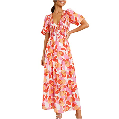 Women's Summer Dresses Casual Short Sleeve V Neck Ruffle Floral Boho Dress High Waist Tiered Flowy Beach Midi Dress,Casual Dresses for Women