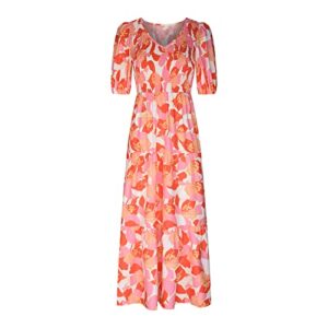 Women's Summer Dresses Casual Short Sleeve V Neck Ruffle Floral Boho Dress High Waist Tiered Flowy Beach Midi Dress,Casual Dresses for Women