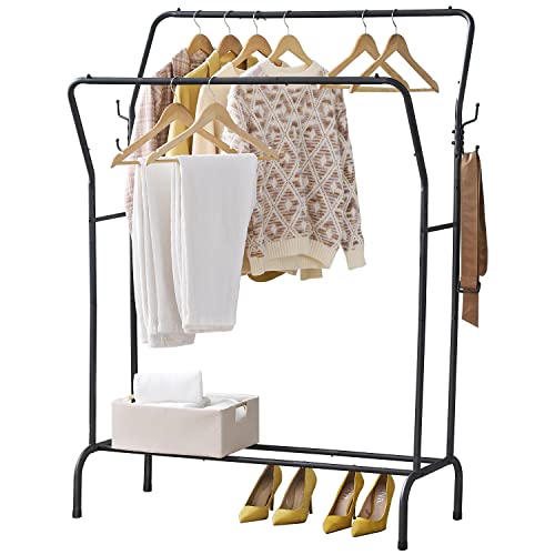 Hoctieon Double Rod Clothes Rack, Freestanding Garment Rack for Hanging Clothes, Metal Standing Clothes Rack, Industrial Clothing Rack, Portable Clothes Rack, Small Garment Rack, Black