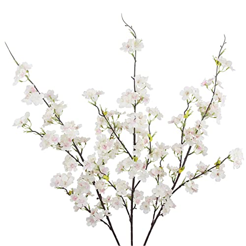 CISDUEO 3 Pcs Artificial Cherry Blossom Flower Pink Silk Peach Flowers Bulk Plum Blossom Flowers with Leaves Cherry Blossom Branches Vase Arrangements for Spring Wedding Indoor Outdoor DIY Party Decor