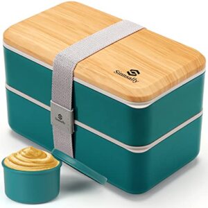 bento box adult lunch box,2 stackable japanese lunch containers for kids/women with compartments(47oz),modern containers with utensil set,leak-proof lunchbox,rectangle(nordic green)