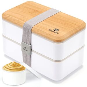 Bento Box Adult Lunch Box,All-in-1 Stackable Japanese Bento Lunch Box for Women,(47oz) Lunch Containers with Food Compartments, Accessories and Sauce Container,Leak-proof,Microwave Safe (White)