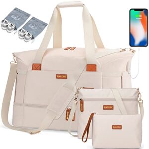 bagodi gym bag for women, weekender overnight bag with usb charging port, sport travel duffel bag with wet pocket & shoe compartment, carry on tote bag for travel/gym/school 5 pcs set, creamy-white