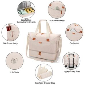 BAGODI Gym Bag for Women, Weekender Overnight Bag with USB Charging Port, Sport Travel Duffel Bag with Wet Pocket & Shoe Compartment, Carry on Tote Bag for Travel/Gym/School 5 Pcs Set, creamy-white