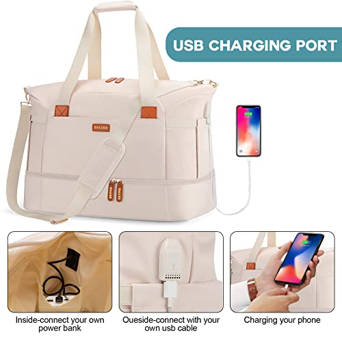 BAGODI Gym Bag for Women, Weekender Overnight Bag with USB Charging Port, Sport Travel Duffel Bag with Wet Pocket & Shoe Compartment, Carry on Tote Bag for Travel/Gym/School 5 Pcs Set, creamy-white