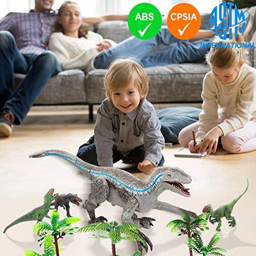 GAROERFA Remote Control Dinosaur Toys for Kids Boys 3 4 5 6 7,RC Walking Velociraptor，3D Eyes & Roaring Sounds, All in One:1 Big and 3 Small Dinosaurs