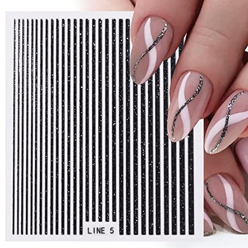 Line Nail Art Stickers Decals 3D Holographic Line Nail Stickers 6Pcs Rose Gold Silver Metal Stripe Nail Decals Geometric Stripe Line Curve Adhesive Nails Art Supplies Sliders for Women Manicure Decor