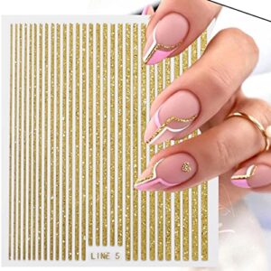 Line Nail Art Stickers Decals 3D Holographic Line Nail Stickers 6Pcs Rose Gold Silver Metal Stripe Nail Decals Geometric Stripe Line Curve Adhesive Nails Art Supplies Sliders for Women Manicure Decor