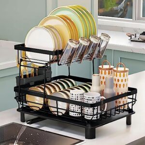 aiderly 2 tier dish drying rack dish racks for kitchen counter metal dish drainers with knife cup utensil holder, black