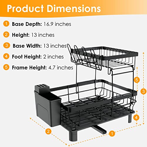 AIDERLY 2 Tier Dish Drying Rack Dish Racks for Kitchen Counter Metal Dish Drainers with Knife Cup Utensil Holder, Black