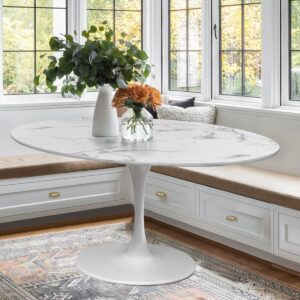 oval white marble topped pedestal dining table modern contemporary round metal finish