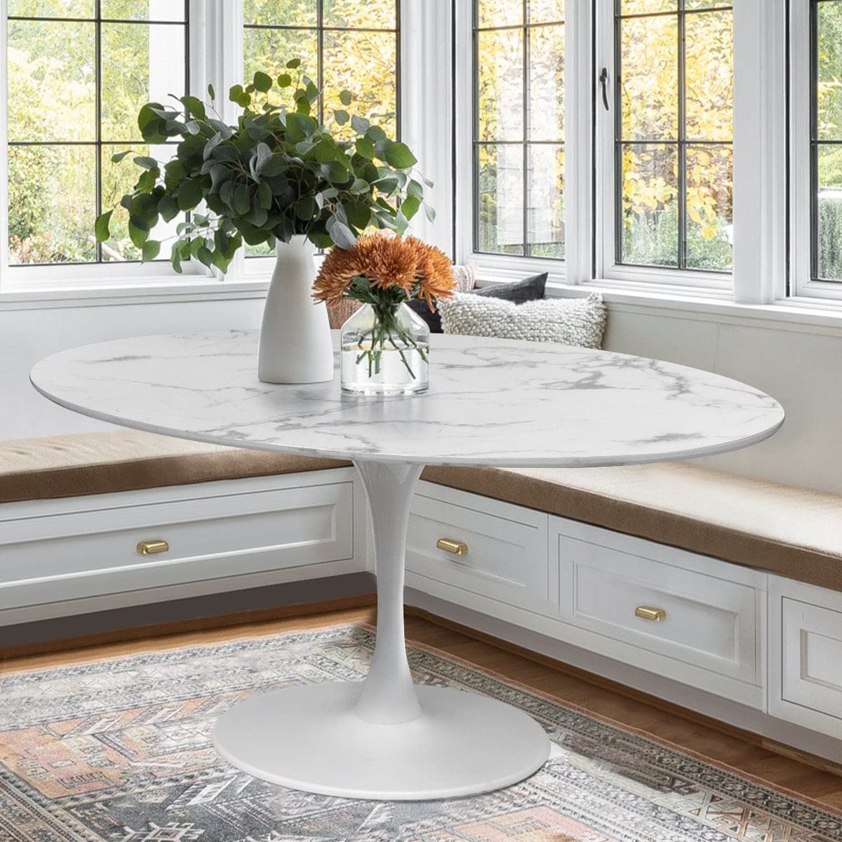 Oval White Marble Topped Pedestal Dining Table Modern Contemporary Round Metal Finish