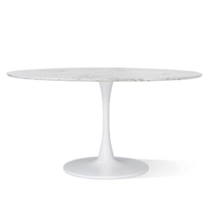 Oval White Marble Topped Pedestal Dining Table Modern Contemporary Round Metal Finish