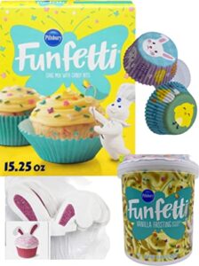 the ultimate easter springtime baking bundle set featuring pillsbury funfetti vanilla cake mix, pillsbury funfetti vanilla frosting with sprinkles, bunny and baby chick cupcake liners and adorable bunny ear cupcake toppers. makes 24 cupcakes