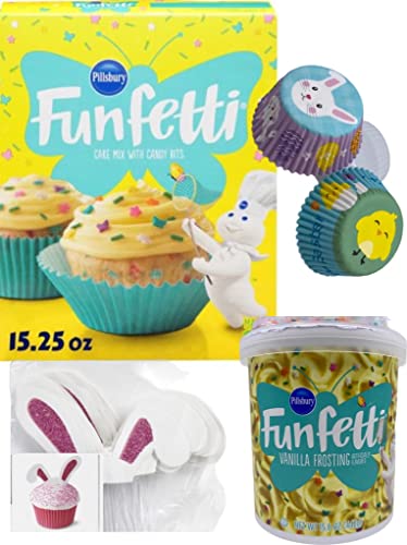 The ULTIMATE Easter Springtime Baking Bundle Set Featuring Pillsbury Funfetti Vanilla Cake Mix, Pillsbury Funfetti Vanilla Frosting with Sprinkles, Bunny and Baby Chick Cupcake Liners and Adorable Bunny Ear Cupcake Toppers. Makes 24 Cupcakes