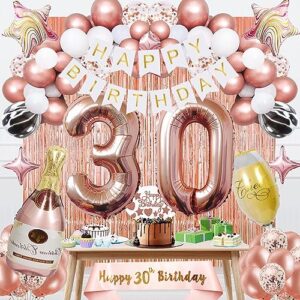 30th birthday decorations for women - rose gold 30 birthday party decoration for her, happy birthday banner, balloon arch ,cake topper, foil balloons and sash for girls thirty birthday party supplies