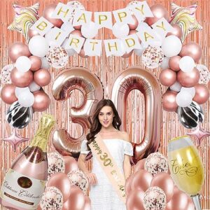 30th Birthday Decorations for Women - Rose Gold 30 Birthday Party Decoration for Her, Happy Birthday Banner, Balloon Arch ,Cake Topper, Foil Balloons and Sash for Girls Thirty Birthday Party Supplies