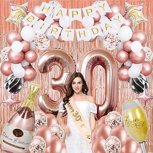 30th Birthday Decorations for Women - Rose Gold 30 Birthday Party Decoration for Her, Happy Birthday Banner, Balloon Arch ,Cake Topper, Foil Balloons and Sash for Girls Thirty Birthday Party Supplies