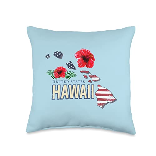 Hawaii United States Retro State Map Vintage USA Souvenir Throw Pillow, 16x16, Multicolor