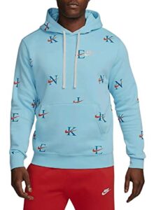 nike men's printed club fleece hoodie (as1, alpha, m, regular, regular, blue light/red)