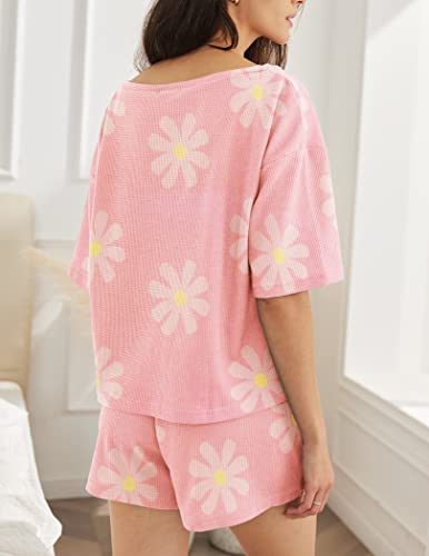 Ekouaer Women Lounge Set Waffle Short Sleeve Pajamas Set Two Pieces Loungewear Cute Nightwear Pink S