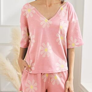 Ekouaer Women Lounge Set Waffle Short Sleeve Pajamas Set Two Pieces Loungewear Cute Nightwear Pink S