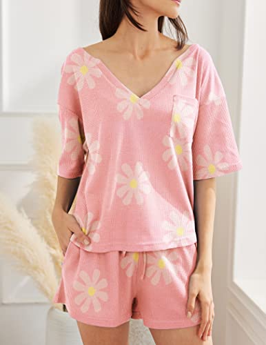 Ekouaer Women Lounge Set Waffle Short Sleeve Pajamas Set Two Pieces Loungewear Cute Nightwear Pink S