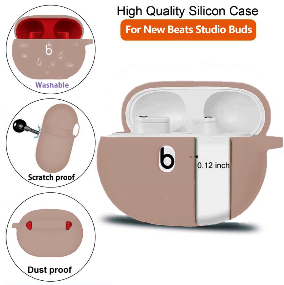 Olytop for Beats Studio Buds/Buds + Case with Cleaner kit 2021/2023, Soft Silicone Case New Beat Studio Buds Plus Cover Protective Skin with Keychain, Cleaning Pen for Beat Studio Earbuds, Milk Tea