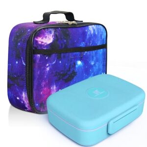 fenrici kids lunch bag and bento box set, insulated lunch box for boys, girls with 5 compartment container, utensils included for school, bpa free, purple galaxy, pastel blue bento
