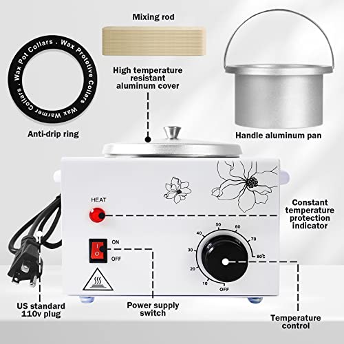 600ML Single Wax Warmer Machine Wax Pot for Hair Removal, Professional Electric Wax Heater with Adjustable Temperature Set for Women Men with 20PCS Wooden Wax Sticks