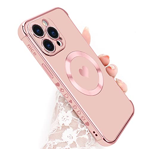 L-FADNUT Magnetic Case for iPhone 14 Pro Max Women Girls Luxury Plating Cute Love Heart Soft Back Cover Full Camera Lens Protection MagSafe Phone Case iPhone 14 Pro Max Case Pink