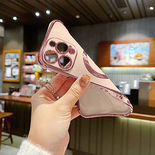 L-FADNUT Magnetic Case for iPhone 14 Pro Max Women Girls Luxury Plating Cute Love Heart Soft Back Cover Full Camera Lens Protection MagSafe Phone Case iPhone 14 Pro Max Case Pink