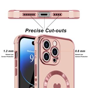 L-FADNUT Magnetic Case for iPhone 14 Pro Max Women Girls Luxury Plating Cute Love Heart Soft Back Cover Full Camera Lens Protection MagSafe Phone Case iPhone 14 Pro Max Case Pink