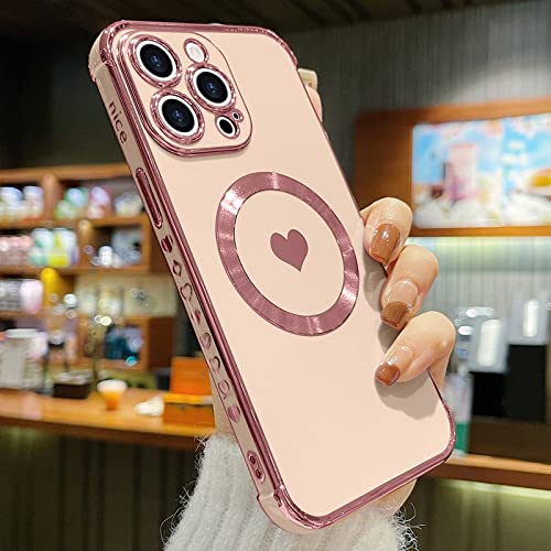 L-FADNUT Magnetic Case for iPhone 14 Pro Max Women Girls Luxury Plating Cute Love Heart Soft Back Cover Full Camera Lens Protection MagSafe Phone Case iPhone 14 Pro Max Case Pink