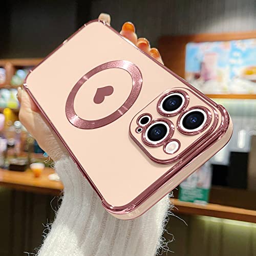 L-FADNUT Magnetic Case for iPhone 14 Pro Max Women Girls Luxury Plating Cute Love Heart Soft Back Cover Full Camera Lens Protection MagSafe Phone Case iPhone 14 Pro Max Case Pink