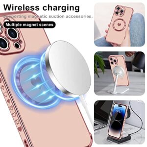 L-FADNUT Magnetic Case for iPhone 14 Pro Max Women Girls Luxury Plating Cute Love Heart Soft Back Cover Full Camera Lens Protection MagSafe Phone Case iPhone 14 Pro Max Case Pink