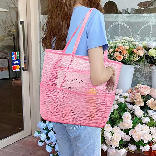 BTOOP Large Mesh Beach Tote Bag for Women Girls Cute Packable Pool Bags Shoulder Toys Handbag for Girls Family Travel Vacation