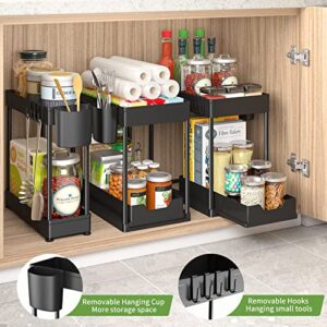 3 Pack Under Sink Organizers and Storage, Pull Out Bathroom Organizer, 2 Tier Bathroom Countertop Organizer with Hooks and Haning Cups, Multi-Purpose Under Cabinet Organizer, 2 Large 1 Small