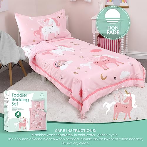 ACRABROS Toddler Bedding Set-4 Pieces Toddler Bedding Sets for Girls Boys Includes Comforter Fitted Sheet Flat Sheet and Reversible Pillowcase,Ultra Soft Toddler Bed Set, Unicorn