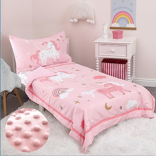 ACRABROS Toddler Bedding Set-4 Pieces Toddler Bedding Sets for Girls Boys Includes Comforter Fitted Sheet Flat Sheet and Reversible Pillowcase,Ultra Soft Toddler Bed Set, Unicorn