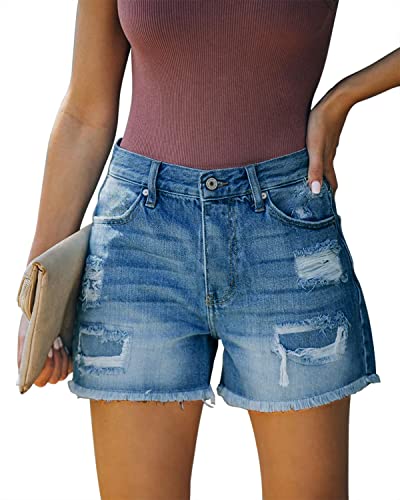 onlypuff Women’s Denim Short Hot Pants Mid Waisted Ripped Frayed Hem Jeans Shorts for Girls