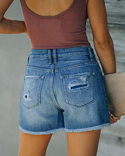 onlypuff Women’s Denim Short Hot Pants Mid Waisted Ripped Frayed Hem Jeans Shorts for Girls