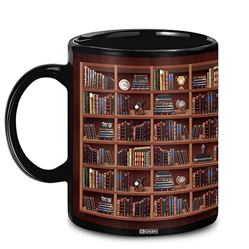 BECHUSKY Library Bookshelf Mug - Book Lovers Coffee Mug - Librarian Mug Book Coffee Mug Book Mug Book Club Cup Bookish Bookworm Mug Gifts for Readers Bookish Gifts for Book Lovers Black Mug 11oz