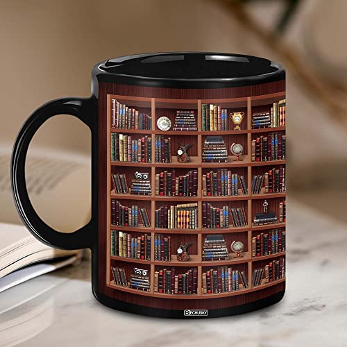 BECHUSKY Library Bookshelf Mug - Book Lovers Coffee Mug - Librarian Mug Book Coffee Mug Book Mug Book Club Cup Bookish Bookworm Mug Gifts for Readers Bookish Gifts for Book Lovers Black Mug 11oz